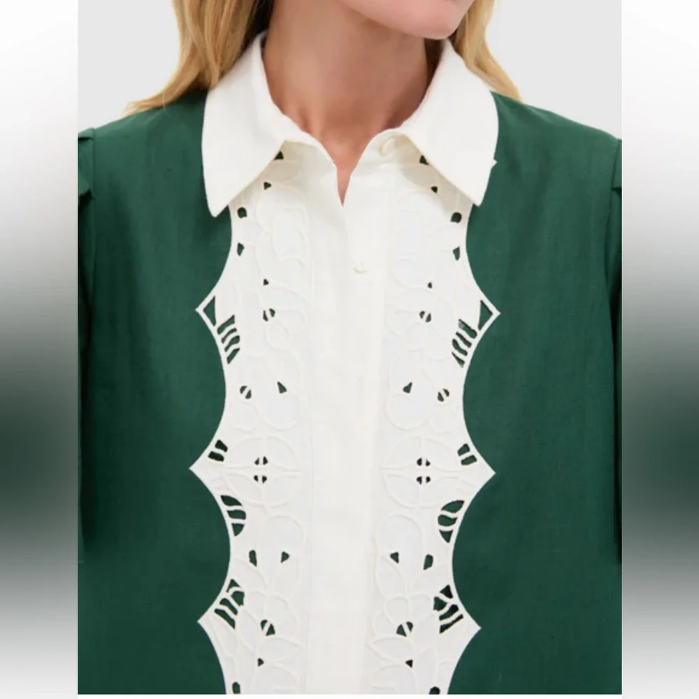 Dark Green Eyelet Trim Cotton Linen Delilah Dress - Picture 6 of 7